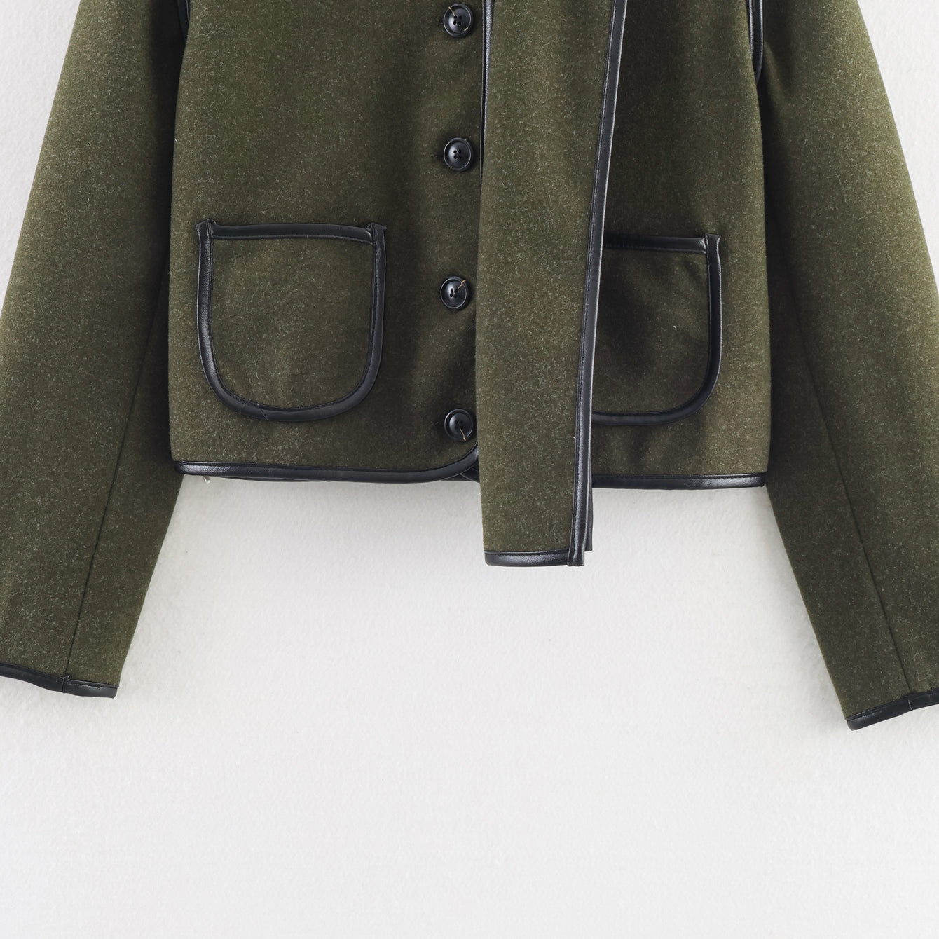 Cozy langry woolen jacket in olive green with black trim, fashion ملابس