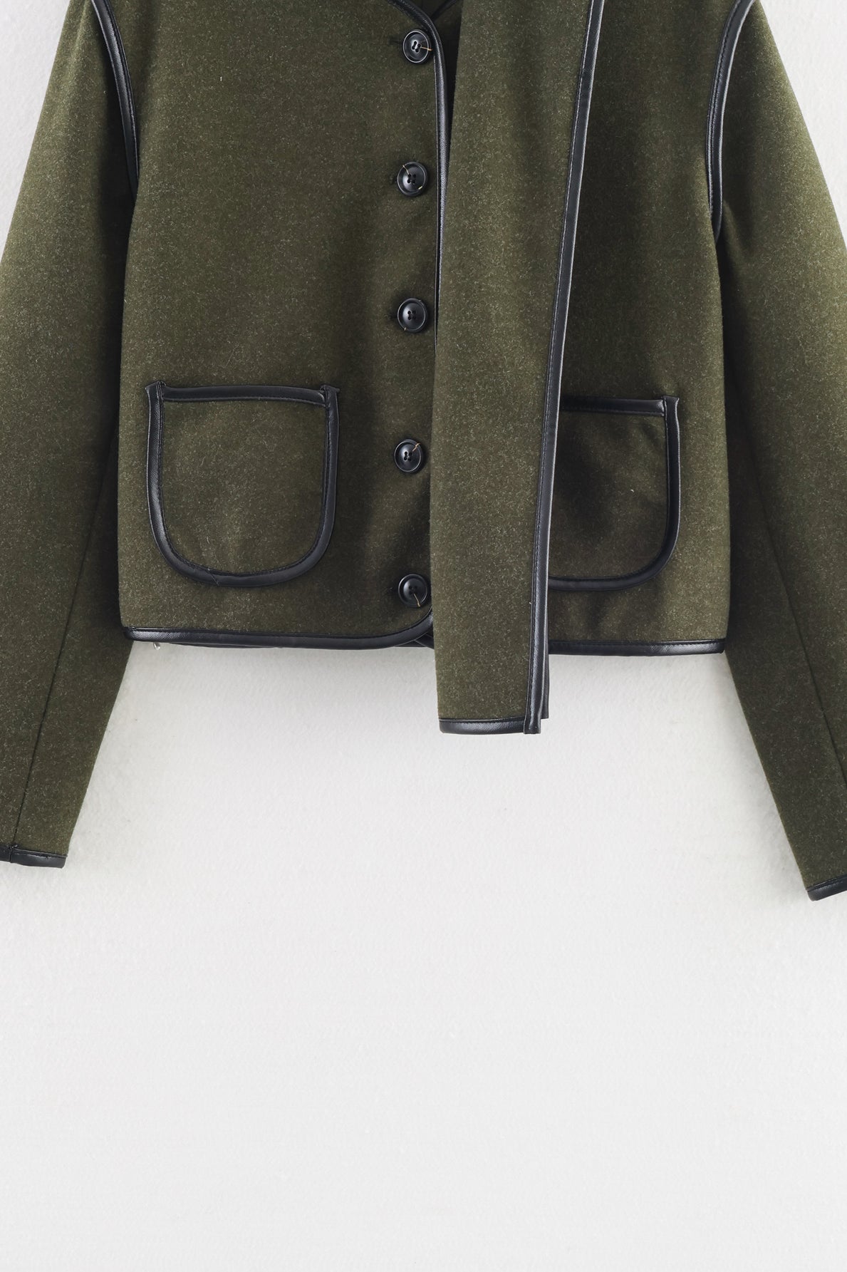 Cozy langry woolen jacket in olive green with black trim, fashion ملابس