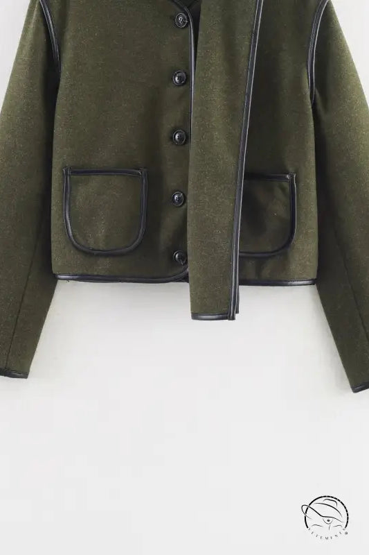 Cozy woolen olive green langry fashion coat with black trim