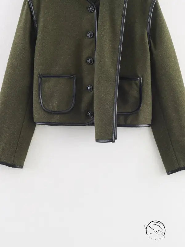 Cozy woolen olive green langry fashion coat with black trim