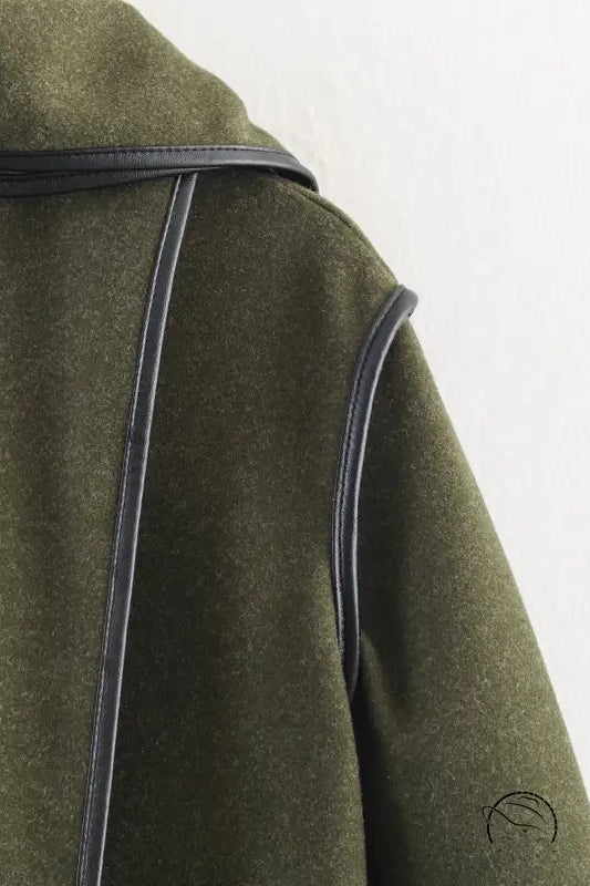 Langry fashion olive green wool coat with black leather accents