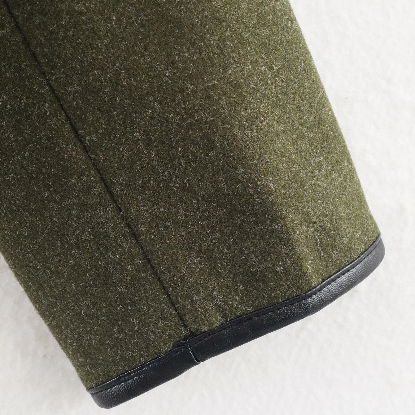 Cozy olive green woolen jacket with black leather trim, langry fashion ملابس