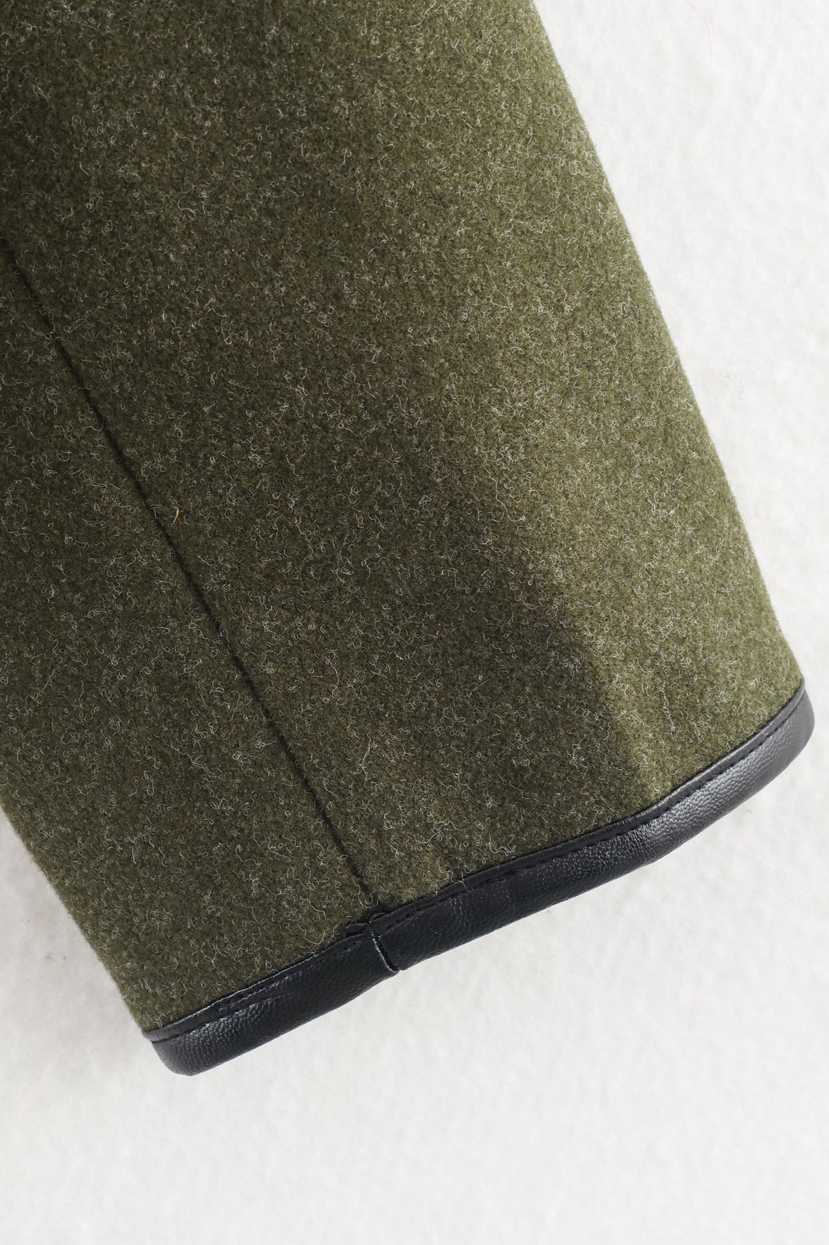 Cozy olive green woolen jacket with black leather trim, langry fashion ملابس