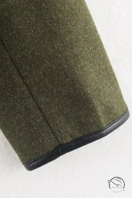 Olive green woolen cozy langry fashion coat with black leather trim