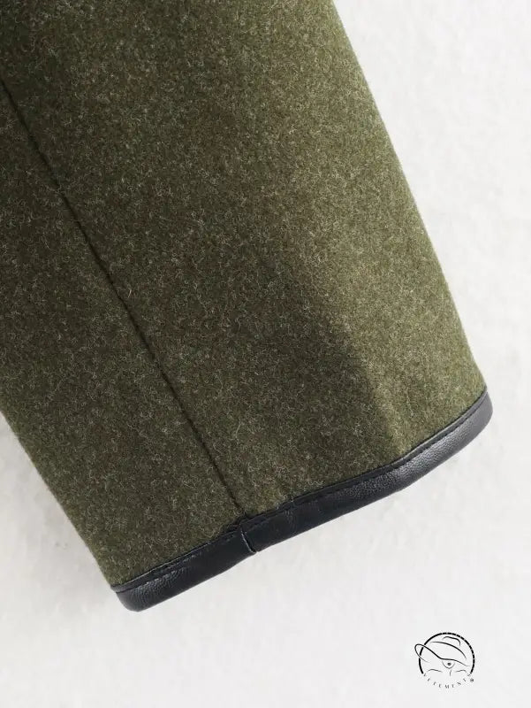 Olive green woolen cozy langry fashion coat with black leather trim