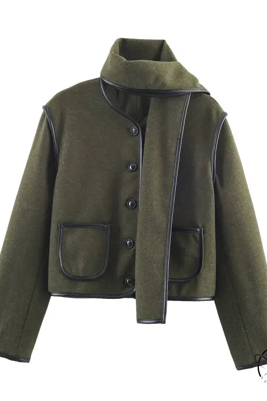 Olive green langry woolen baggy coat with faux leather trim and pockets