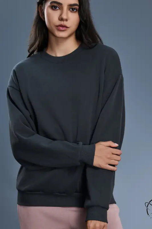 Charcoal gray long sleeve crewneck sweatshirt in soft cotton blend