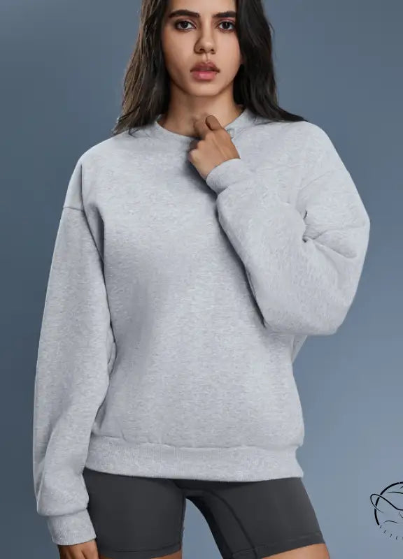 Light gray long sleeve casual warm pullover hoodie in soft cotton blend