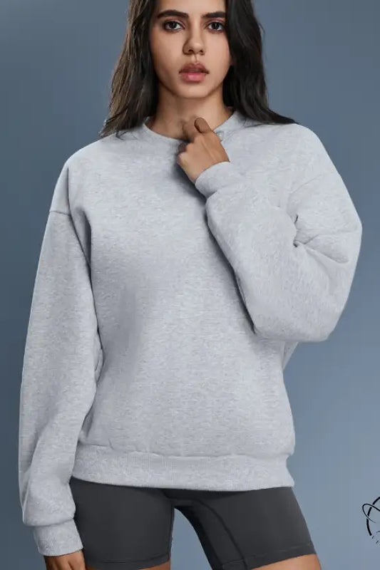 Light gray long sleeve casual warm pullover hoodie in soft cotton blend