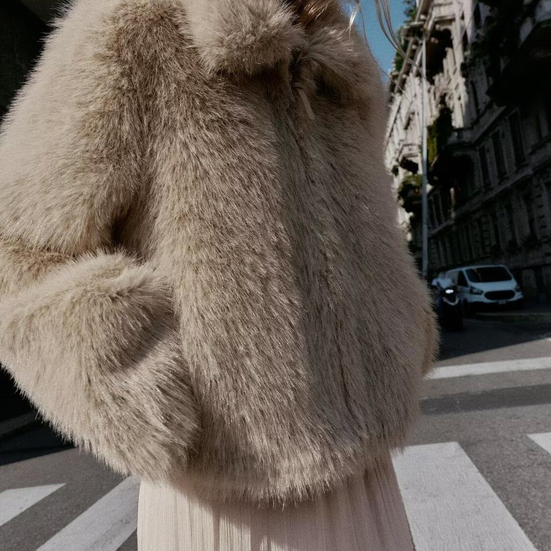 Fashionable beige faux fur langry coat with high collar