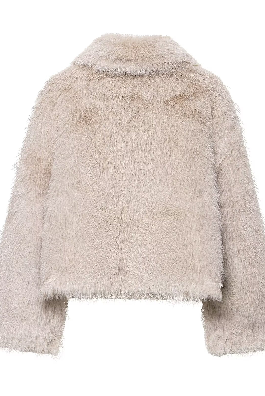 Fashionable beige faux fur cropped jacket with high collar