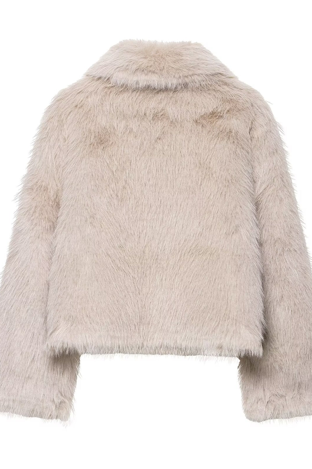 Fashionable beige faux fur cropped jacket with high collar