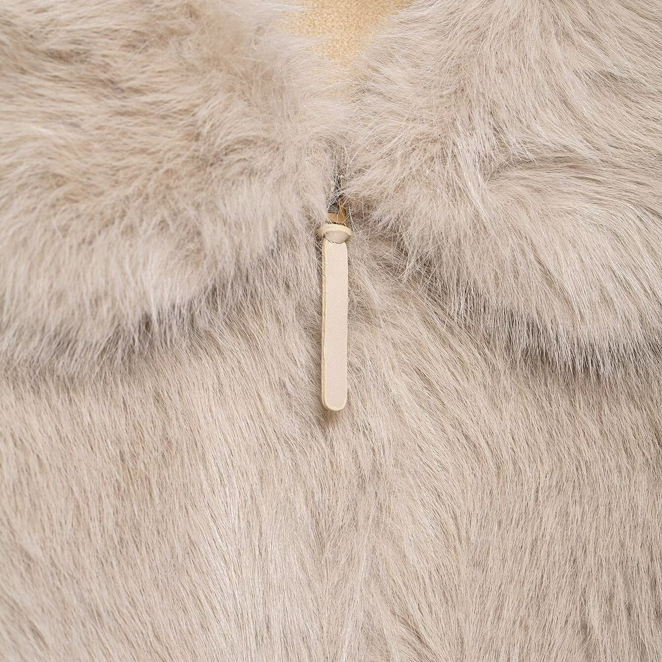 Cream faux fur jacket with zipper, collar, Langry fashion apparel