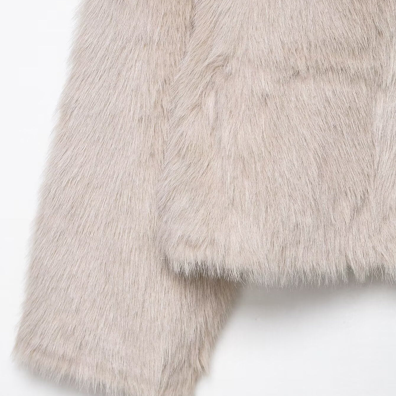 Fashionable beige faux fur langry jacket with plush texture
