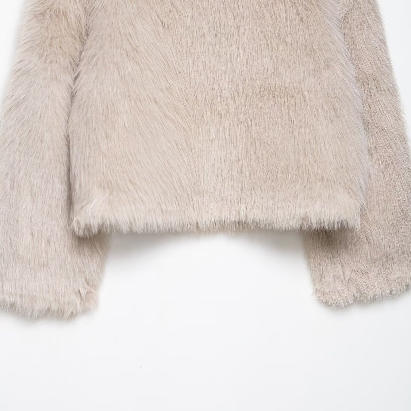 Fashionable langry warm beige faux fur double-sided wool jacket in fluffy textured design