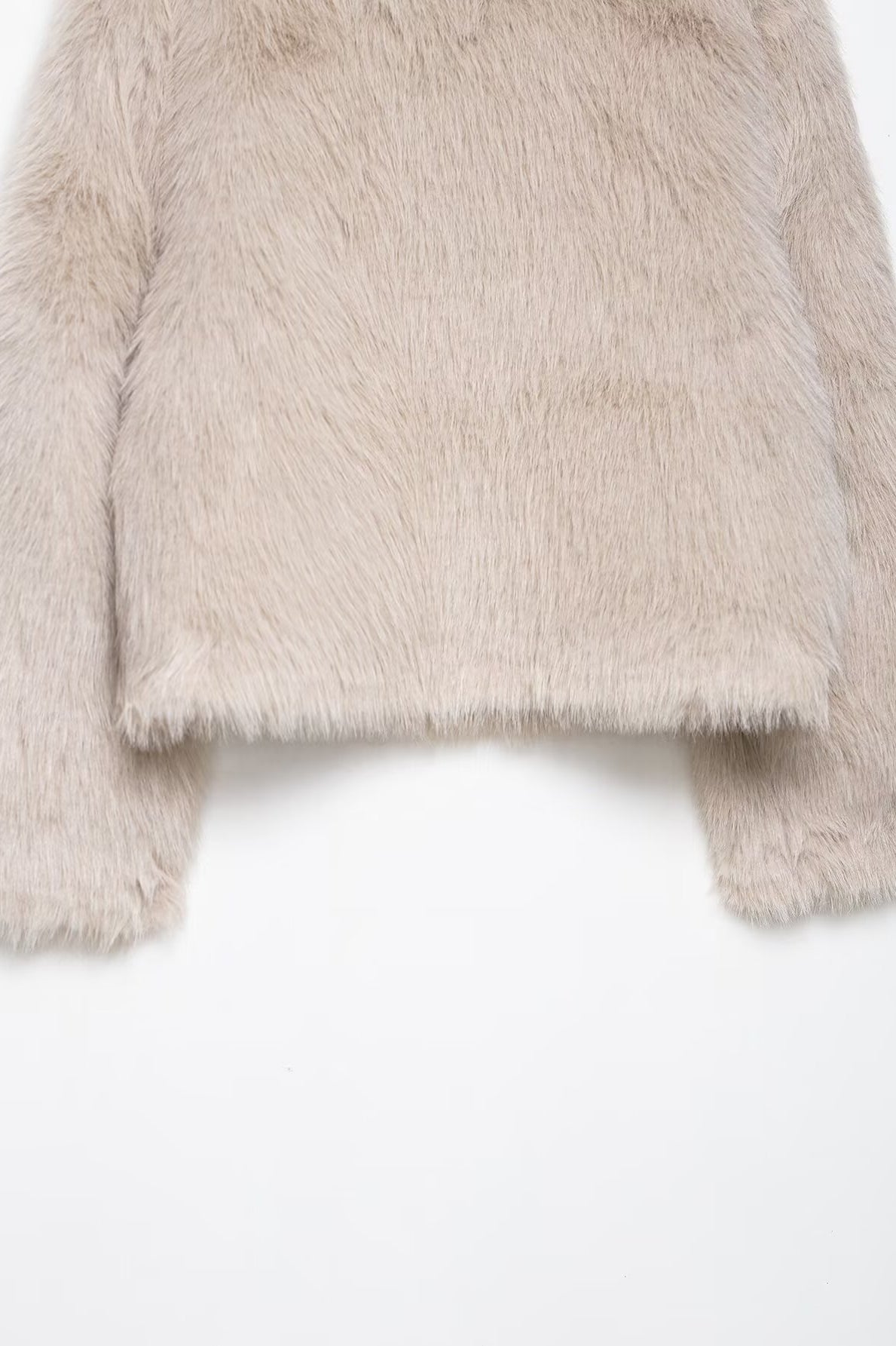 Fashionable langry warm beige faux fur double-sided wool jacket in fluffy textured design