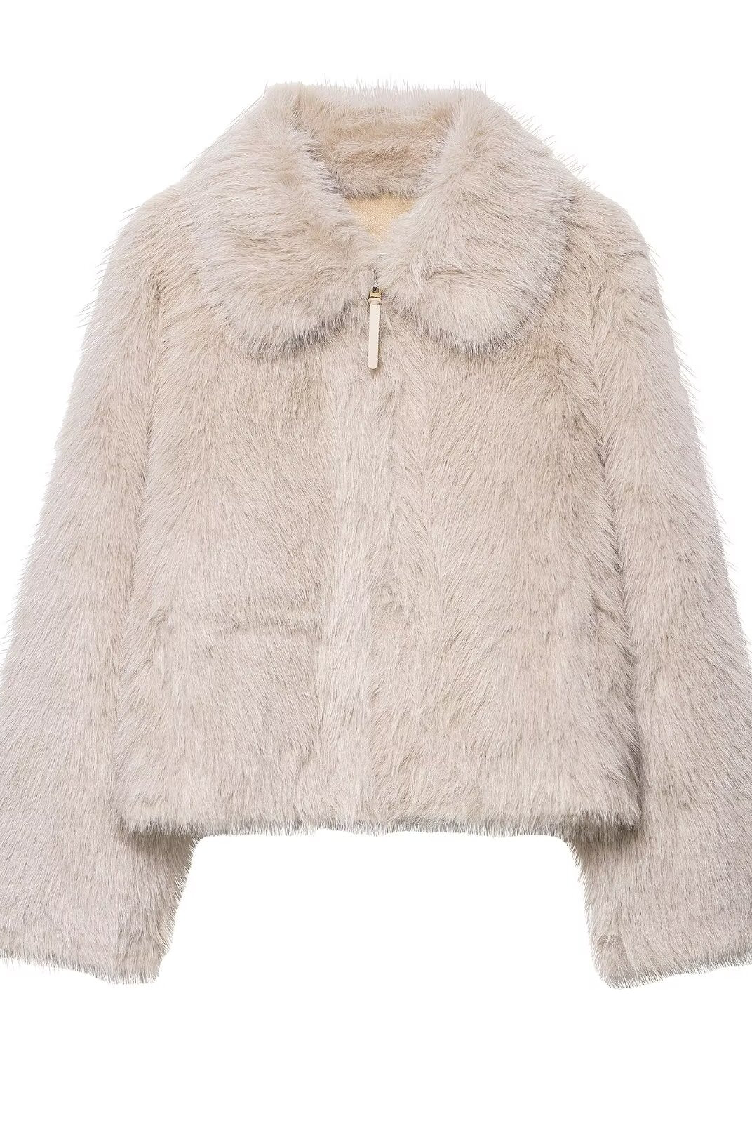 Langry fashionable cream faux fur wool jacket with zipper and collar