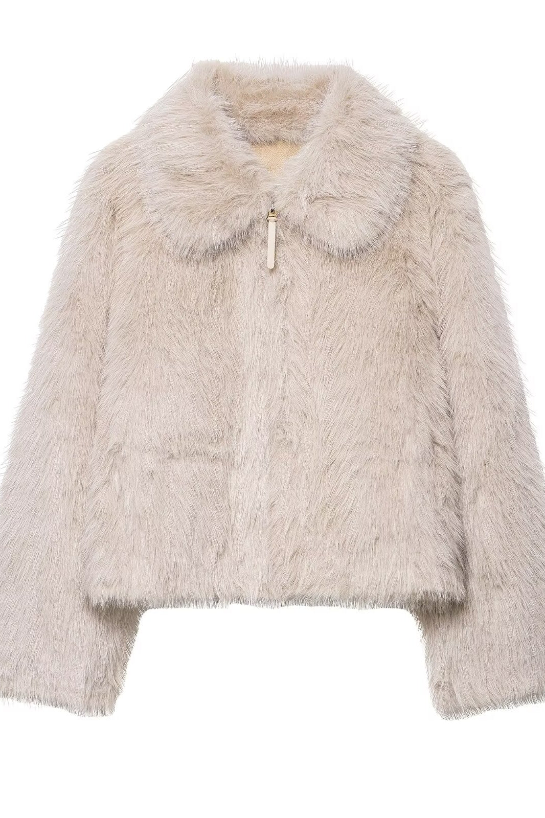 Langry fashionable cream faux fur wool jacket with zipper and collar