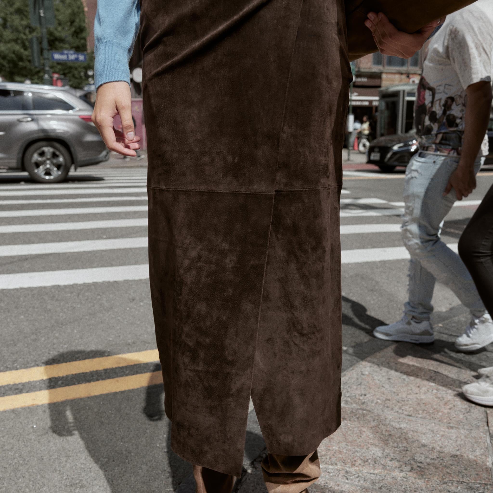 Brown suede fashion langry sheath skirt with front slit, pockets, belt loops