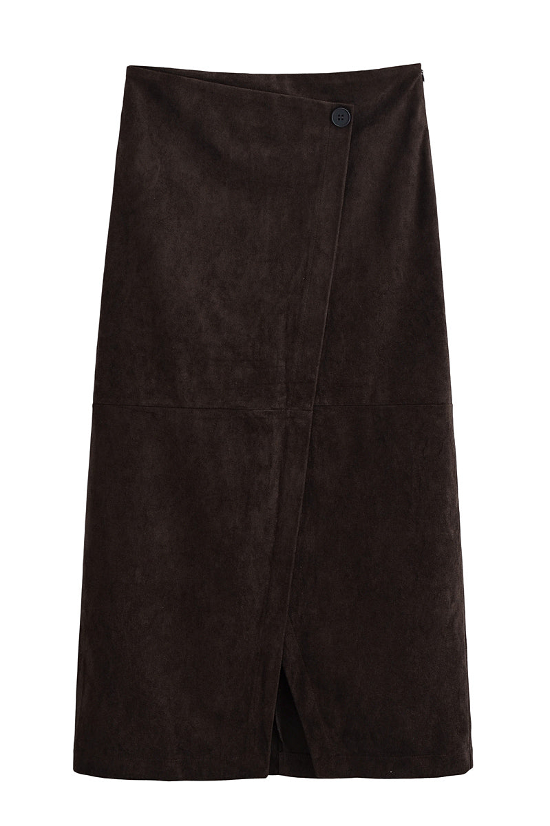 Elegant brown suede sheath long skirt with front slit, button closure, and side slit in Langry fashion