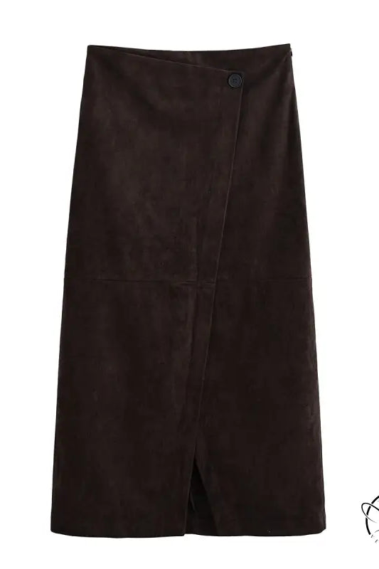 Brown suede langry fashion skirt with front slit and button closure