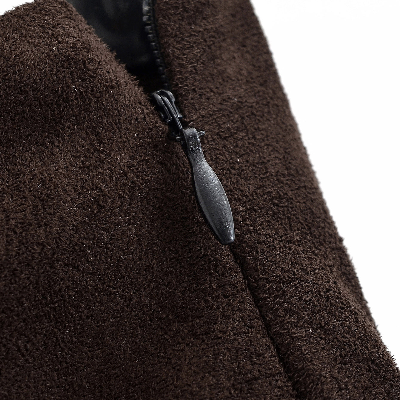 Brown suede langry fashion jacket with silver zipper on sheath skirt