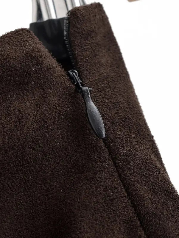 Brown suede jacket with silver zipper, black lining, paired with Langry fashion sheath skirt