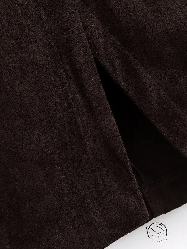 Brown suede high-waist pleated sheath skirt with front slit, langry fashion ملابس