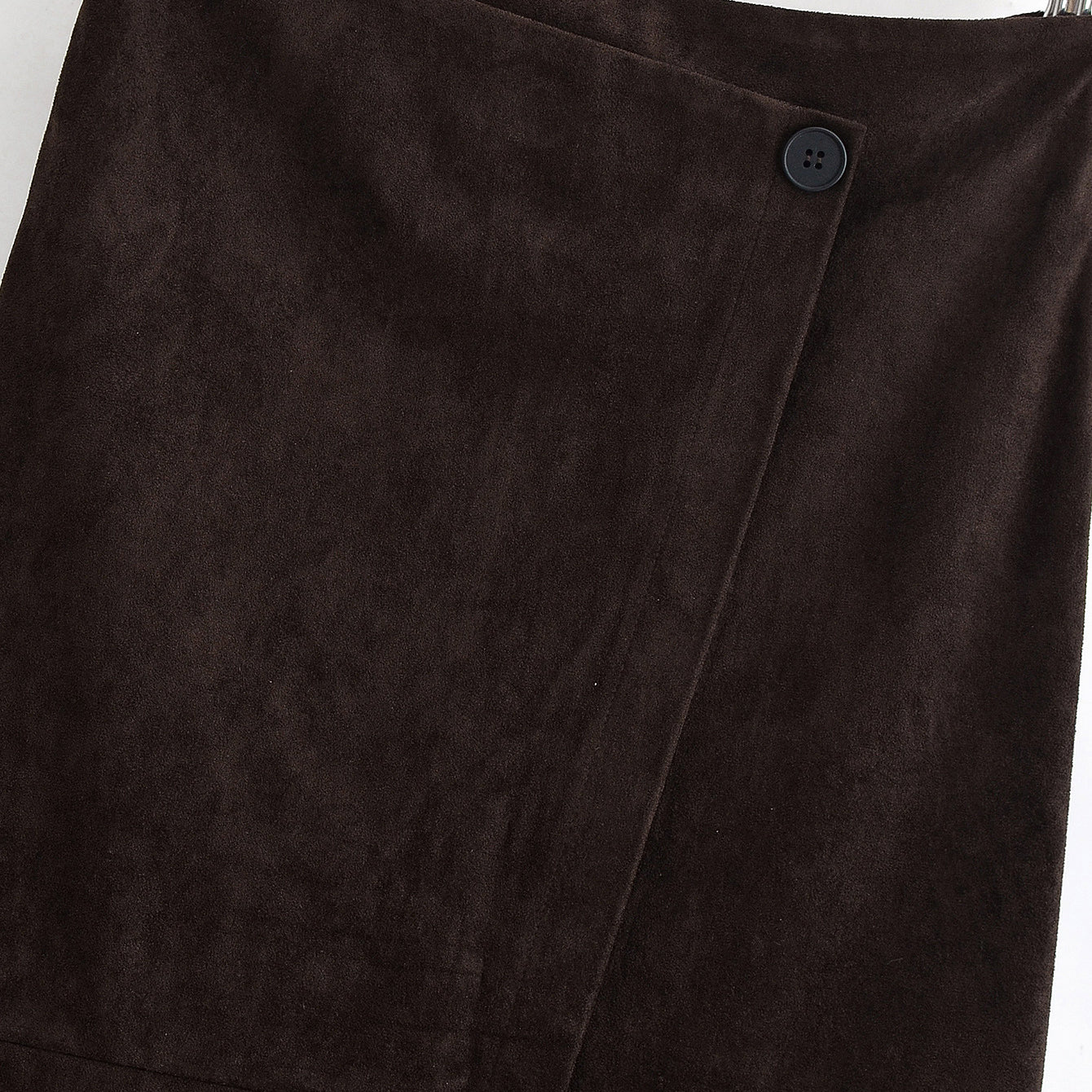 Brown suede langry fashion sheath skirt with front slit and button waistband