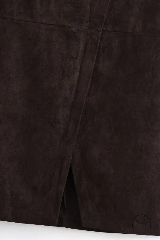 Brown suede fashion sheath long skirt with front slit and zipper detail