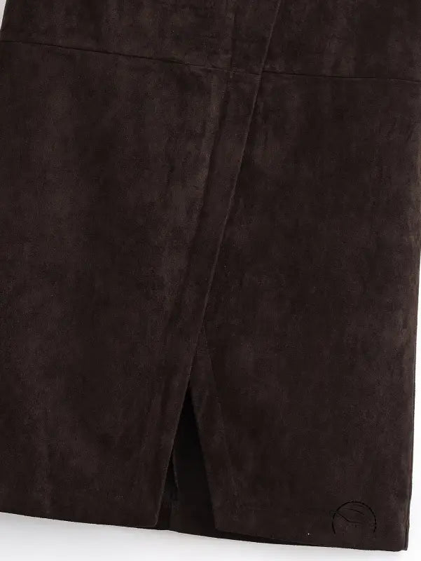 Brown suede fashion sheath long skirt with front slit and zipper detail