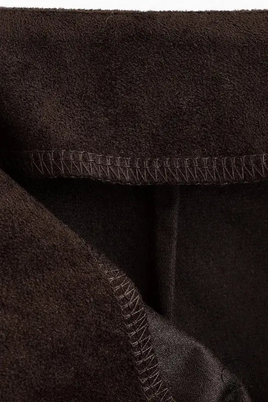 Brown fleece-lined jacket with zipper detail, paired with Langry fashion brown front slit sheath long skirt