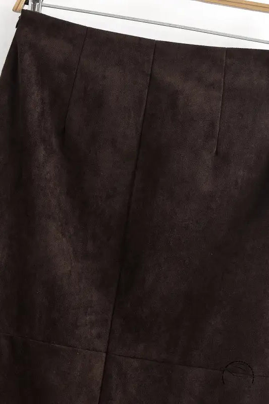 Brown suede pleated waist sheath skirt with front slit design