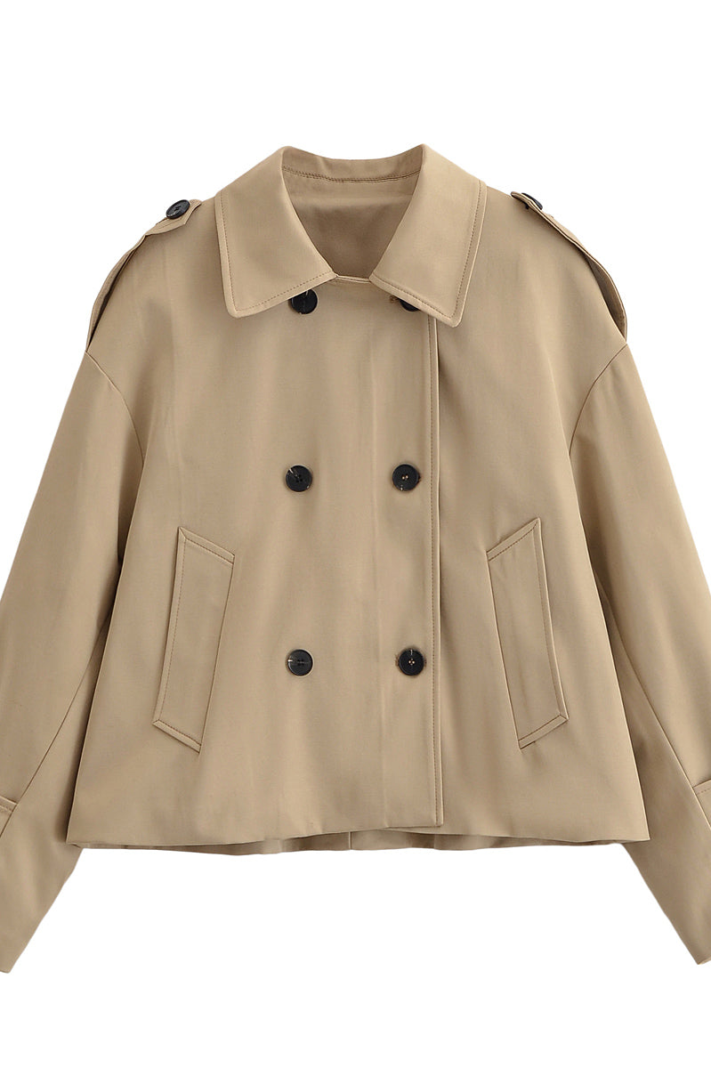 Enchanting Langry short khaki trench coat in beige with double-breasted buttons and rolled-up sleeves