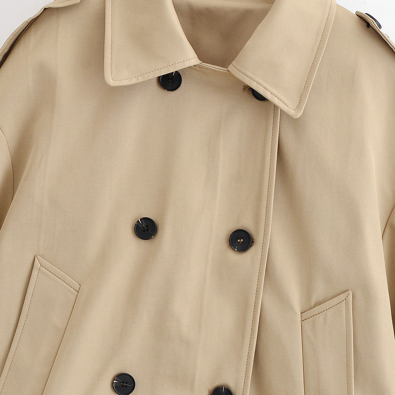 Enchanting Capable Short Khaki Trench Coat in beige with black buttons, langry fashion