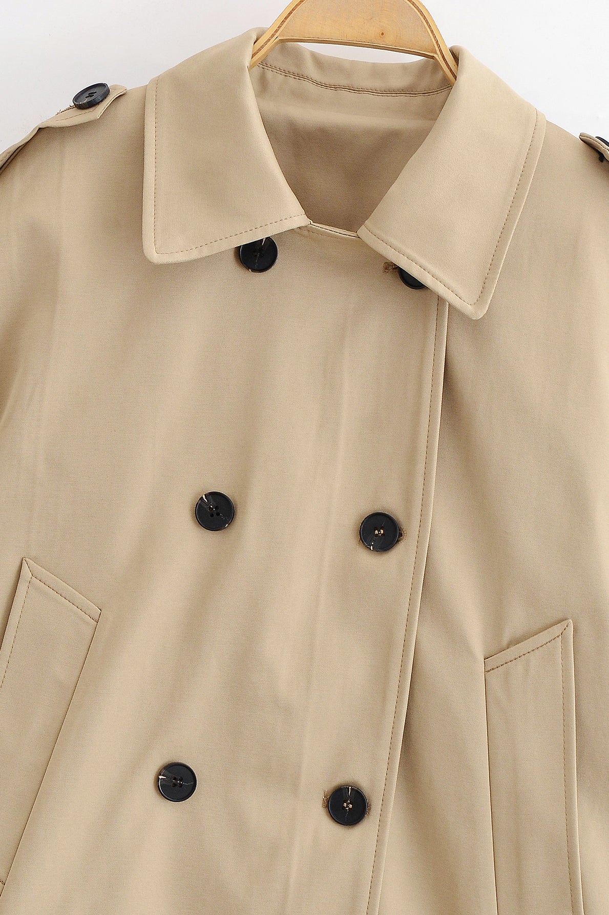 Enchanting Capable Short Khaki Trench Coat in beige with black buttons, langry fashion