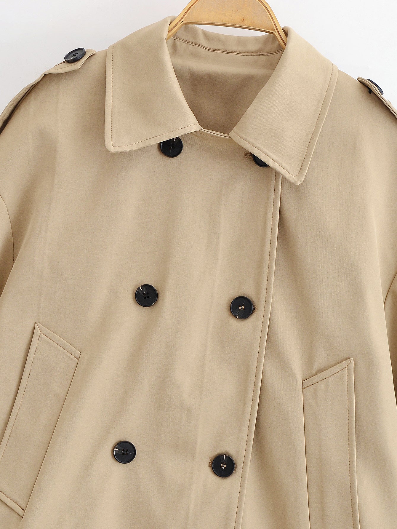 Enchanting Capable Short Khaki Trench Coat in beige with black buttons, langry fashion