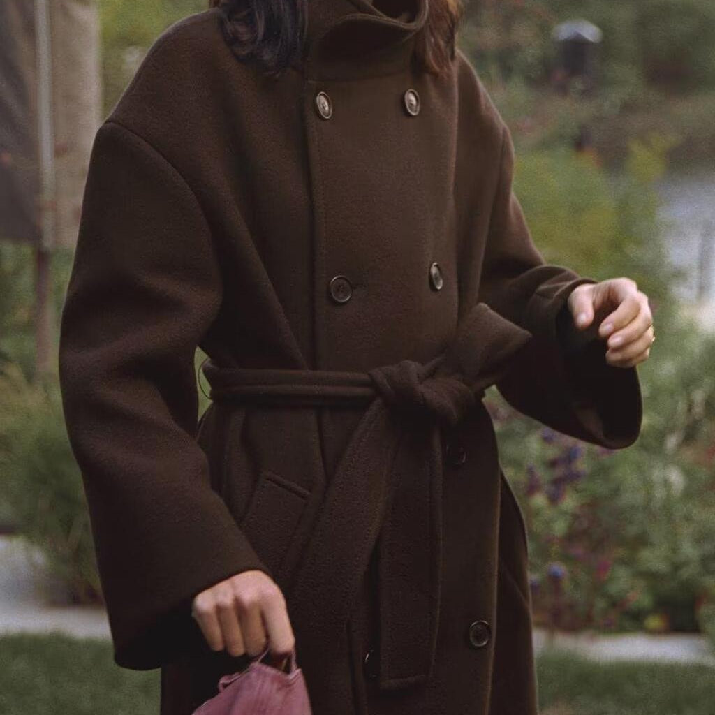 Langry fashion brown wool overcoat with double-breasted belt design