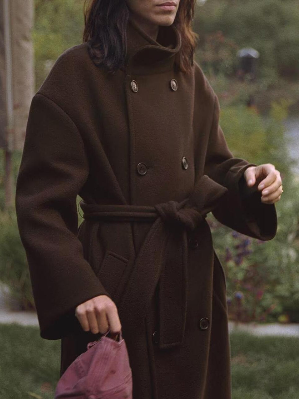 Langry fashion brown wool overcoat with double-breasted belt design