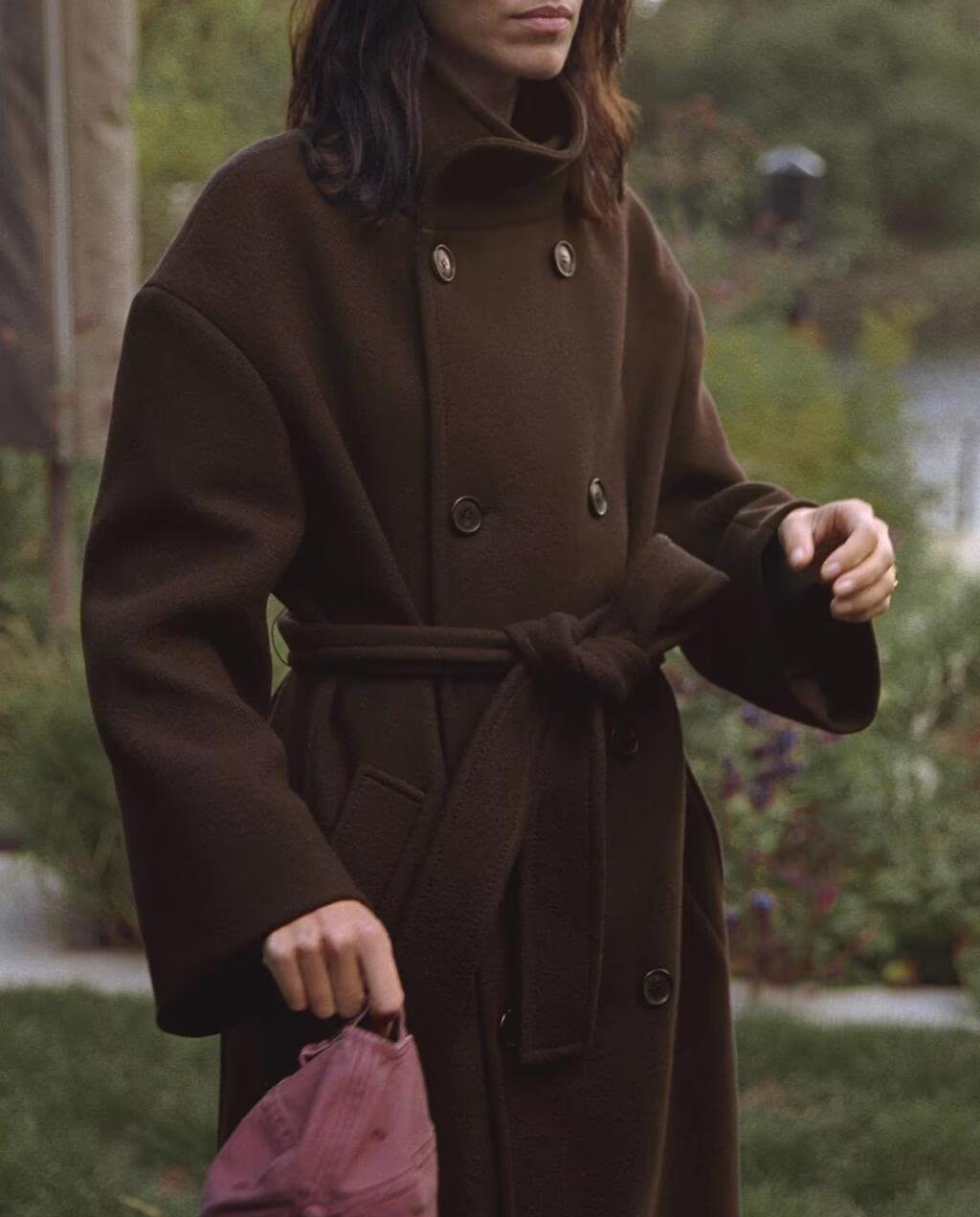Langry fashion brown wool overcoat with double-breasted belt design