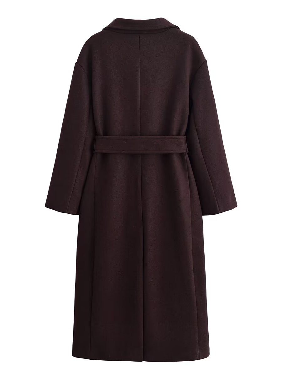 Langry fashion brown wool overcoat with double-breasted closure and belt