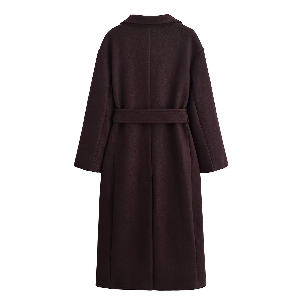 Langry fashion brown wool overcoat with double-breasted closure and belt