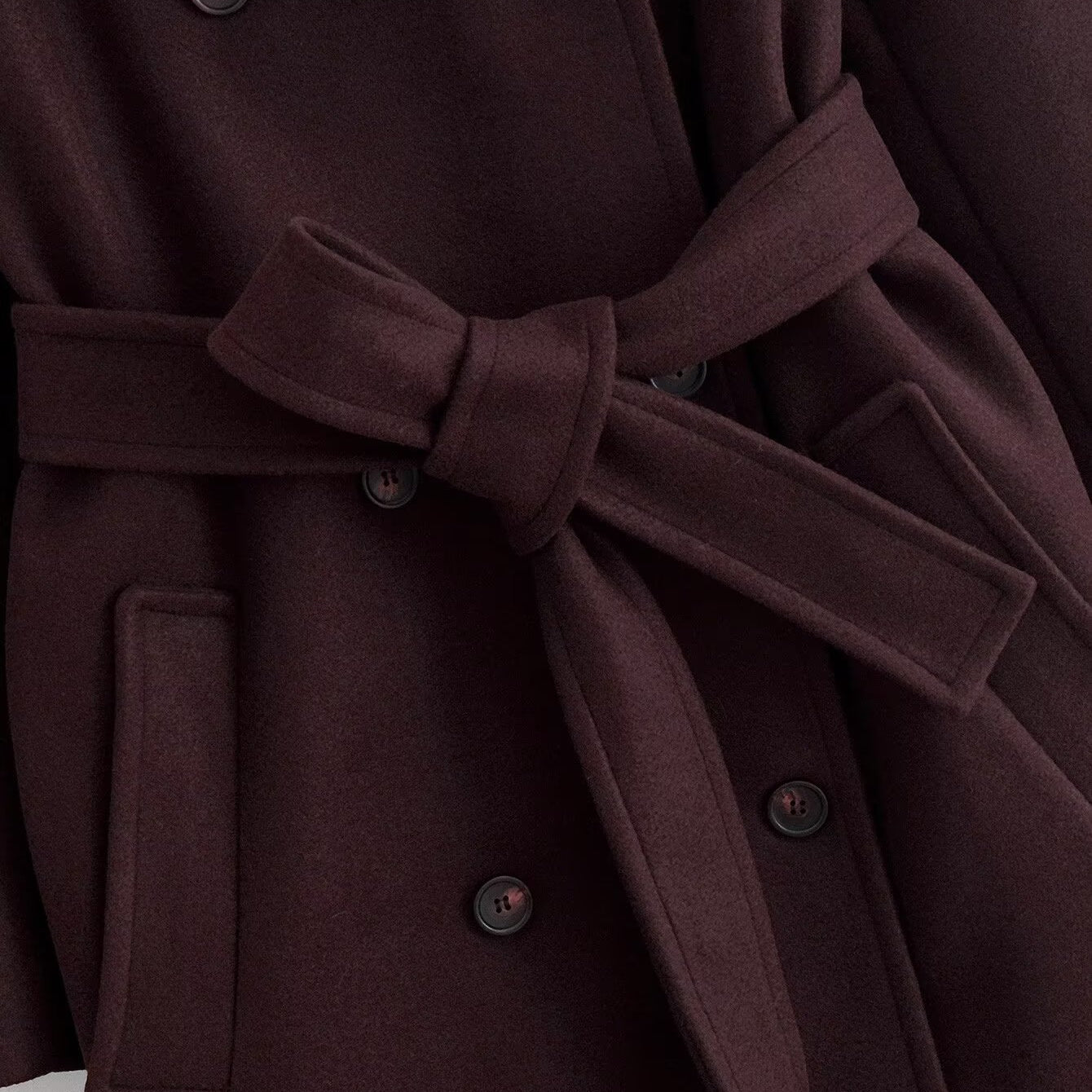 Langry fashion brown double-breasted retro woolen overcoat with belt and pockets