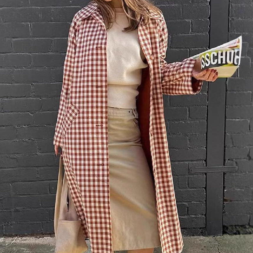 Langry casual plaid trench coat with oversized sleeves