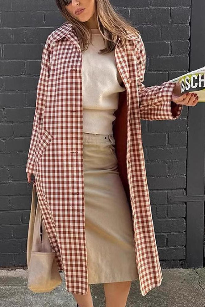 Langry casual plaid trench coat with oversized sleeves