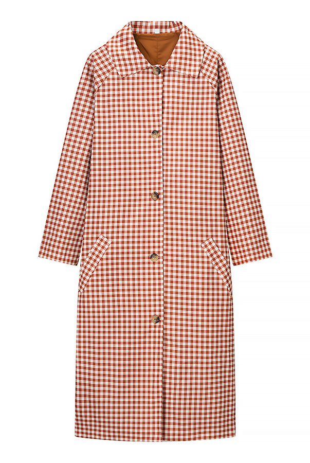 Casual plaid trench coat in red beige wool with buttons and pockets, Langry fashion ملابس