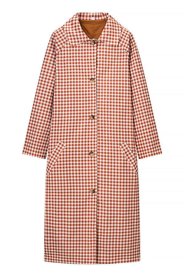 Casual plaid trench coat in red beige wool with buttons and pockets, Langry fashion ملابس