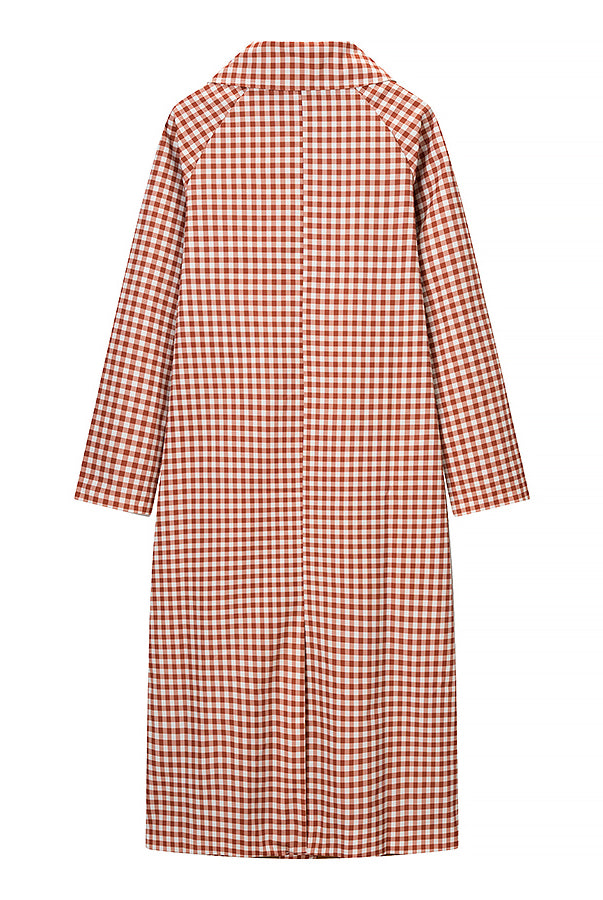 Red and white gingham check casual plaid trench coat with long sleeves and button-down collar