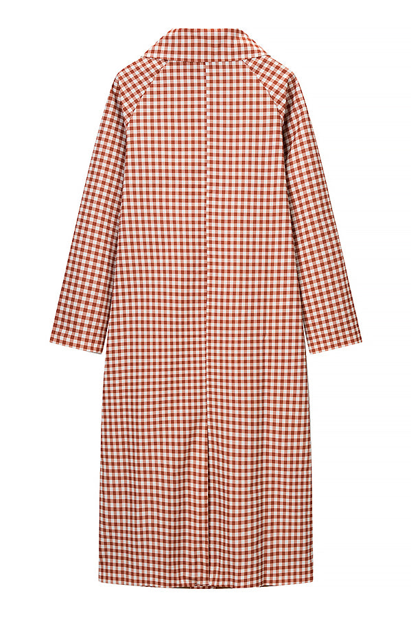 Red and white gingham check casual plaid trench coat with long sleeves and button-down collar