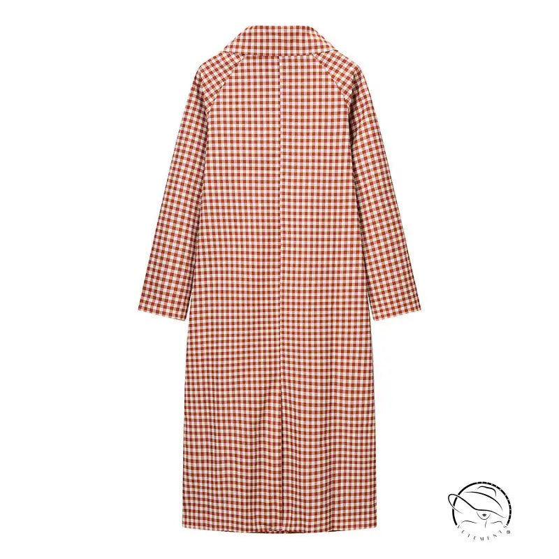 Red and white gingham check casual plaid trench coat, long-sleeved fashion ملابس
